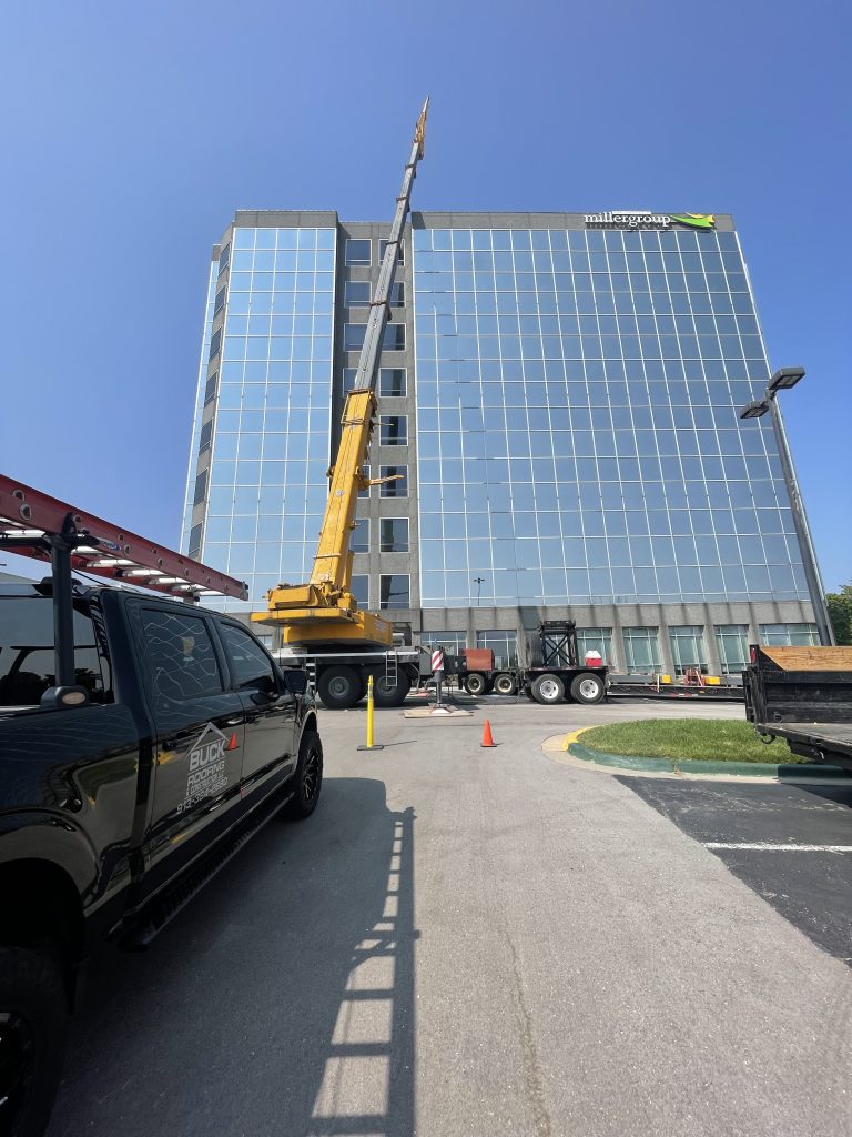 Commercial roofing repair work for Miller Group building in Kansas City